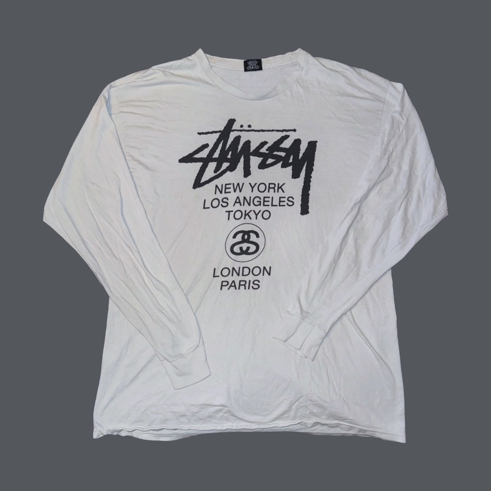Stussy World Tour Long Sleeve Graphic T-Shirt XL 90's Y2K mens Streetwear Tee